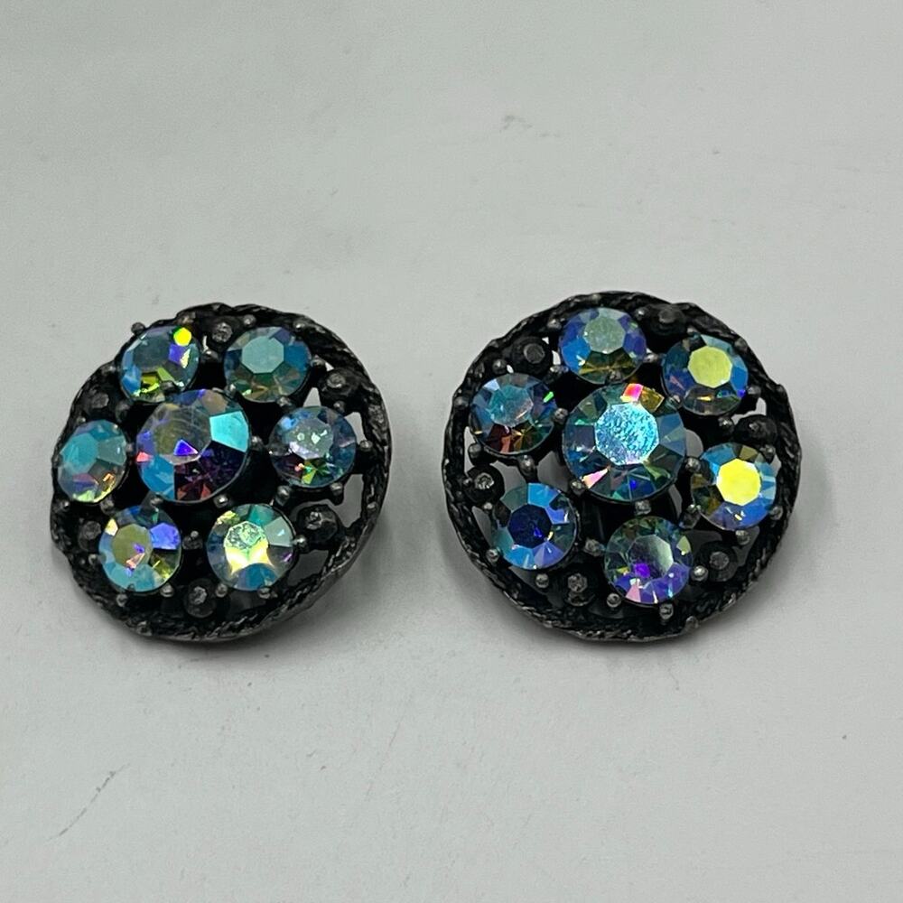 Weiss Vintage Black Metal‎ Blue AB Rhinestone Button Clip on earrings